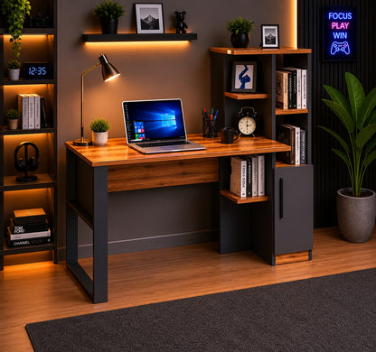 HOMIDEA Tody Office Computer Table with Shelves and Storage Space with Door Modern Design for Home Office or Children's Room (Antrachite/Briarsmoke)