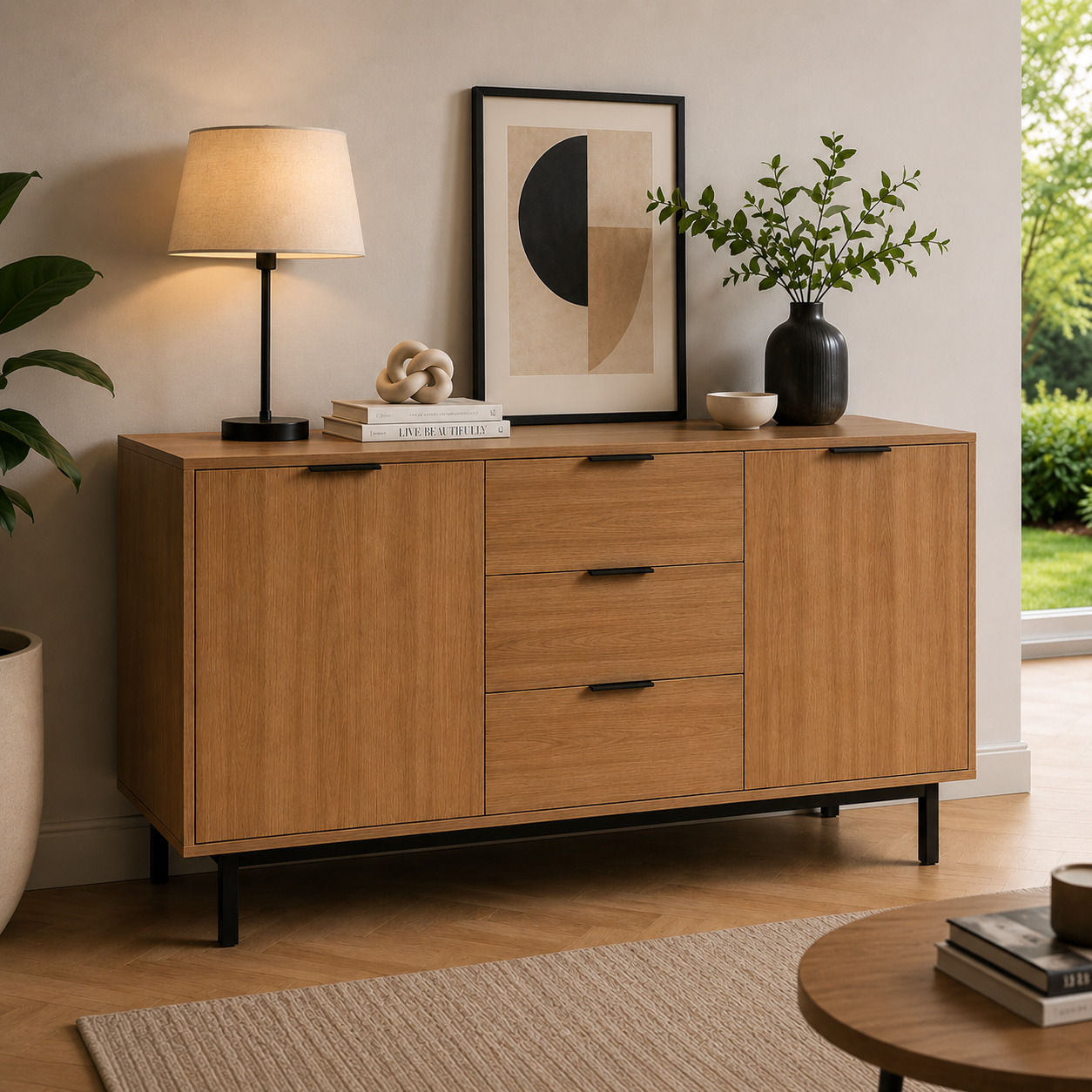 Contemporary Style Sideboard with Wood Grain Sticker