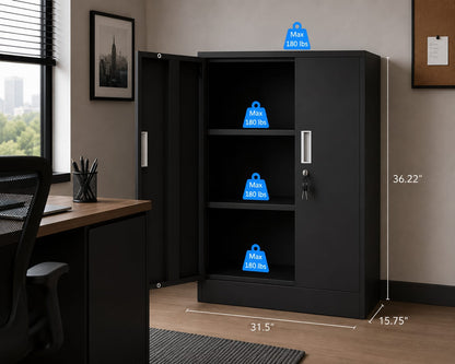 2-Door Locking Storage Cabinet with Adjustable Shelves – Freestanding Office & Home Organizer, Black