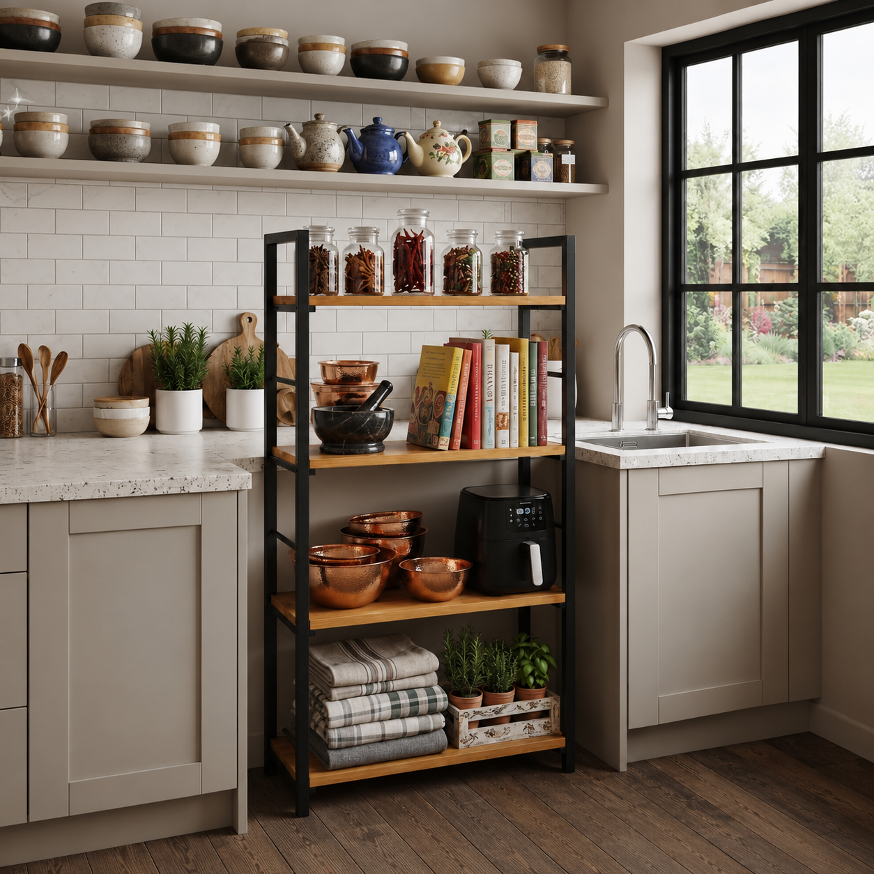 Metal Microwave Stand and Kitchen Organizer 4 Door, Black, Size 60 cm (W) x 150 cm (H) x 40 cm (D)