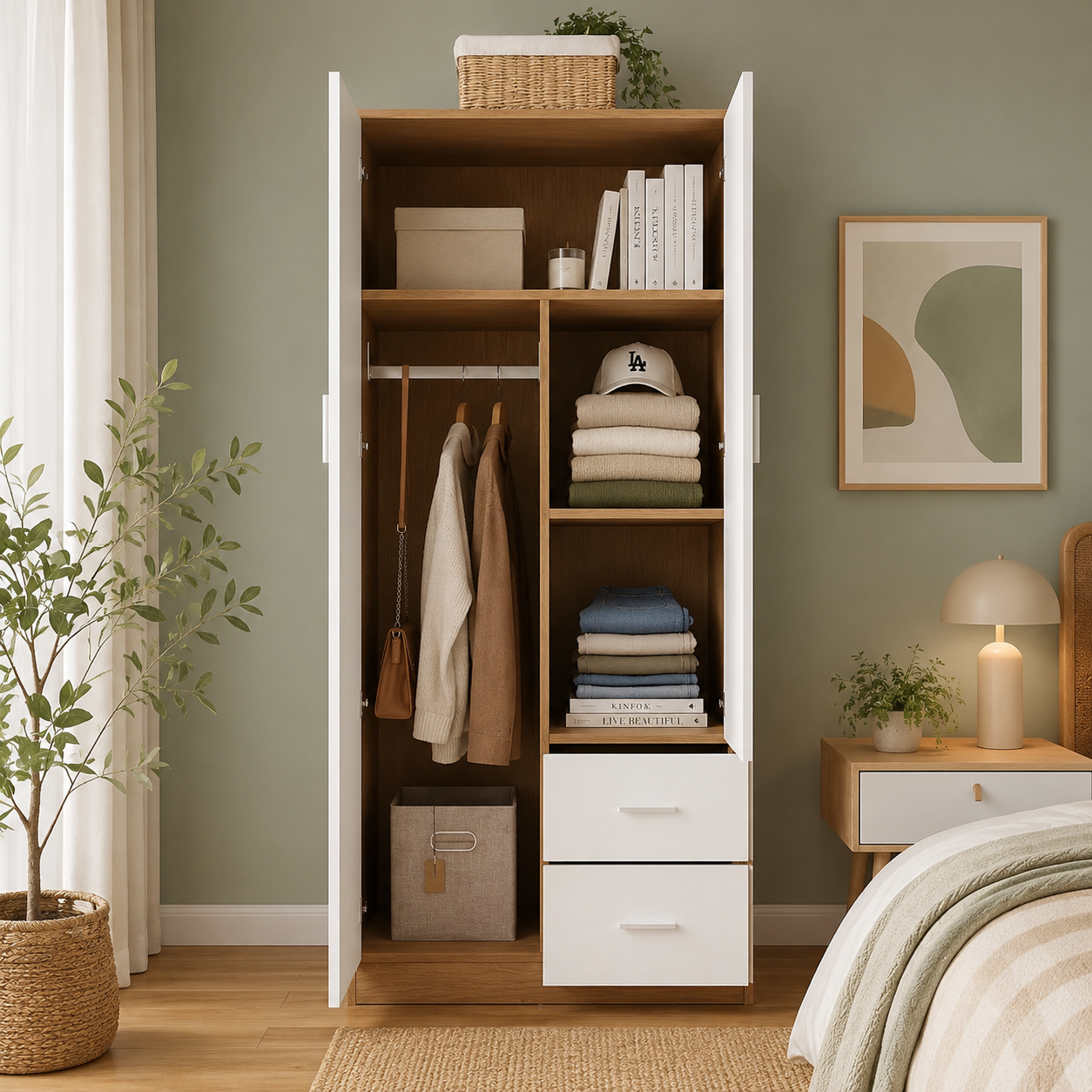 Drawer Wardrobe with Shelf and Hanging Rail Wooden Clothes Storage