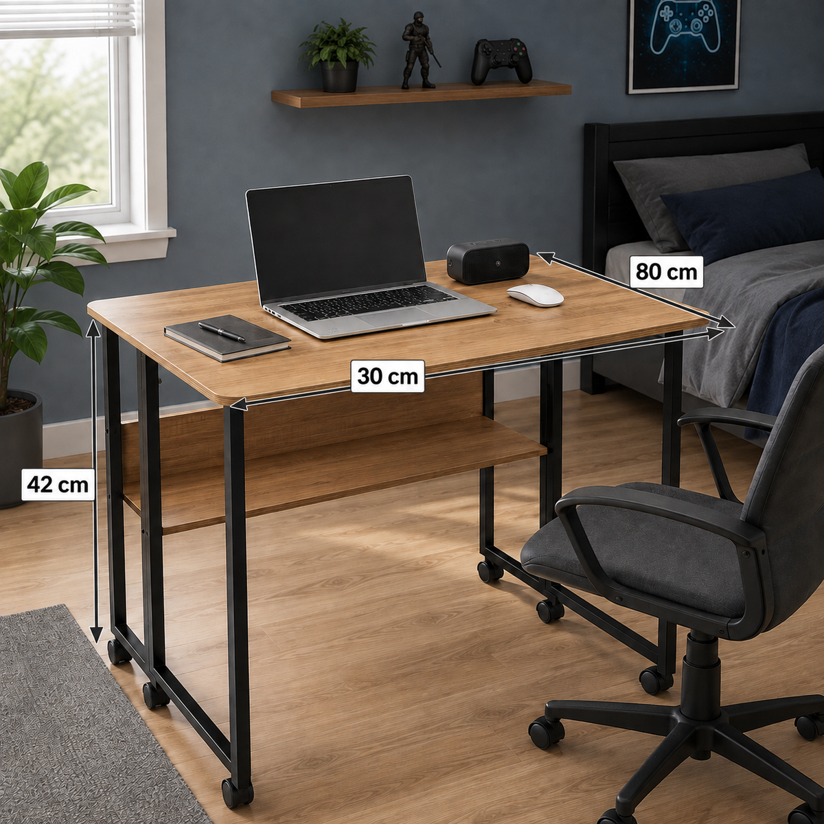 Modern Rolling Computer Desk with Lower Shelf