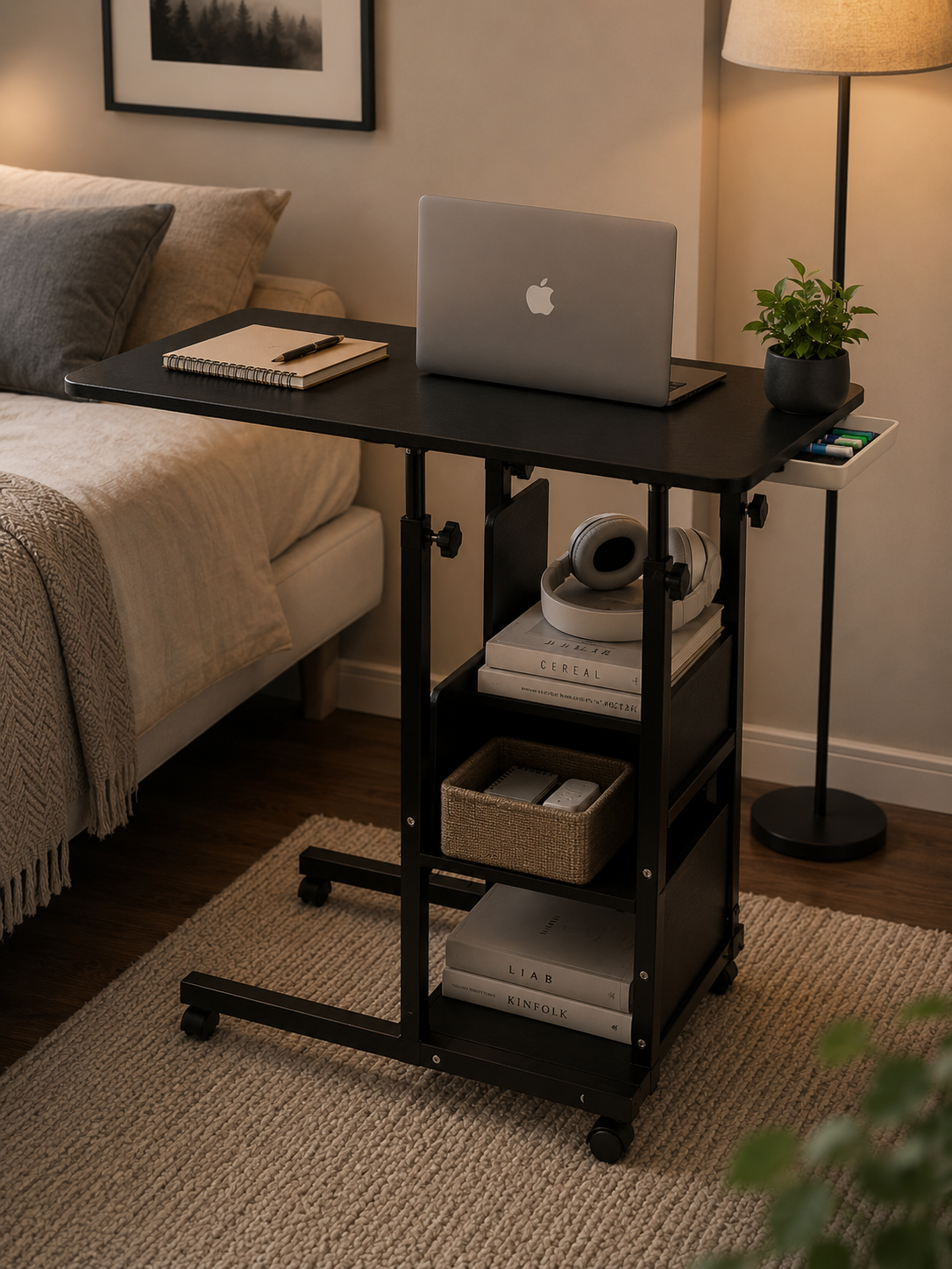 Modern Adjustable Rolling Laptop Desk with Storage