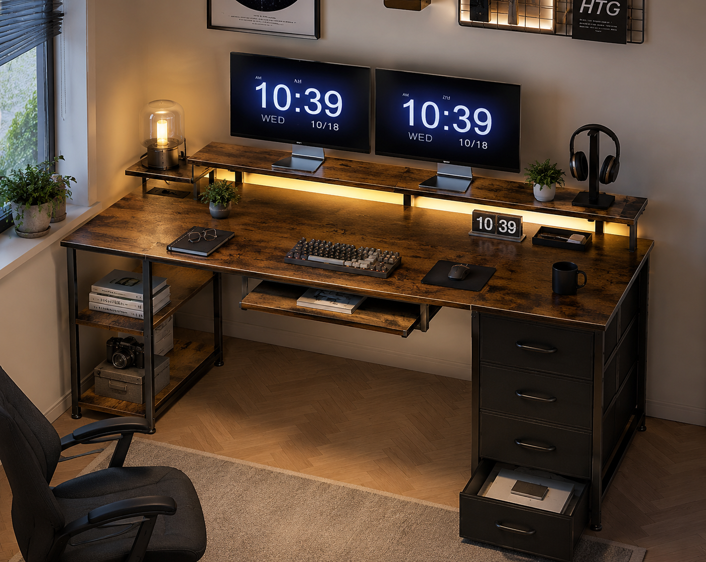 Desk with 4 Drawers, Computer Desk with 2 Sockets and 2 USB Charging Ports