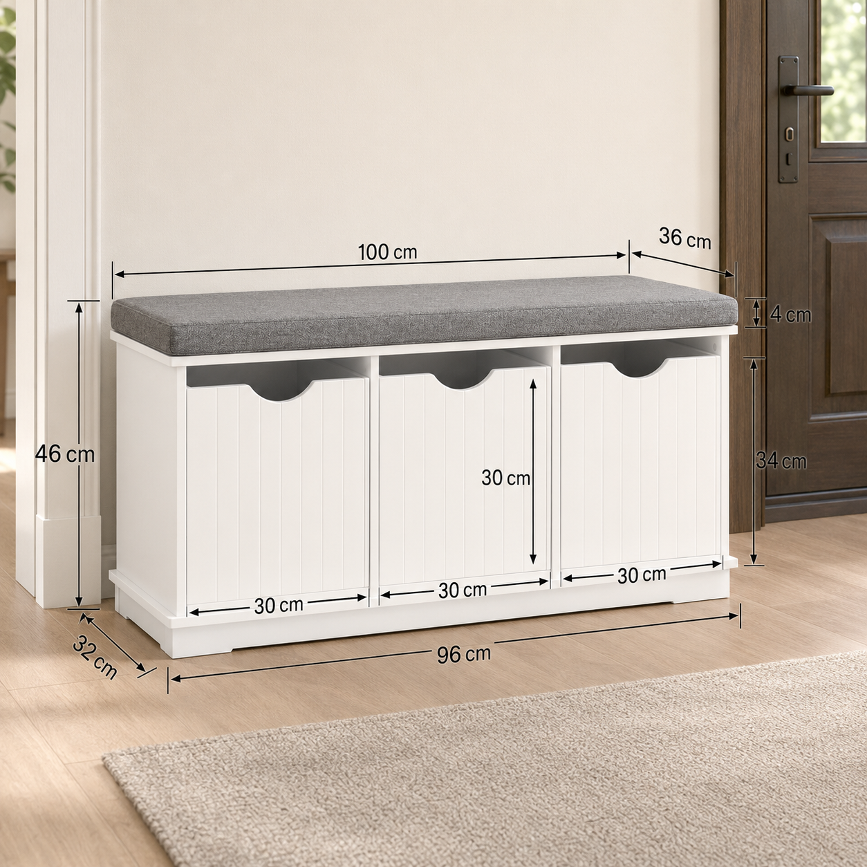 Storage Bench with 3 Drawers & Removable Seat Cushion, White