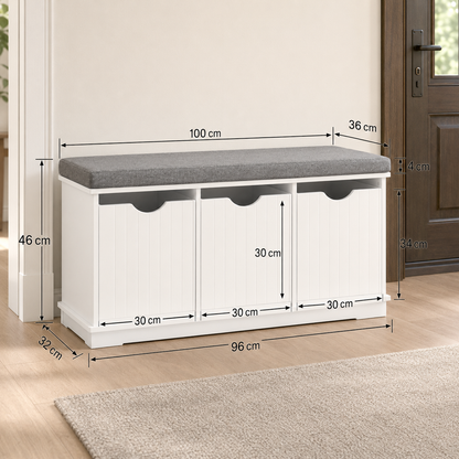 Storage Bench with 3 Drawers & Removable Seat Cushion, White