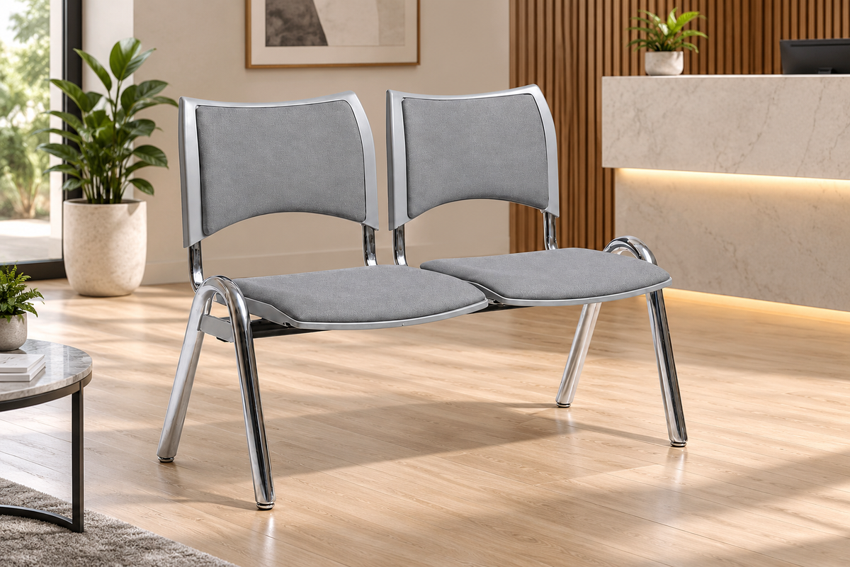 Modern 2-Seater Waiting Room Bench with Padded Seats & Chrome Frame