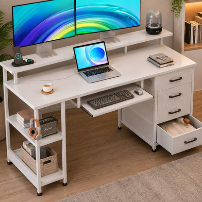 Modern White Computer Desk with Storage Drawers & Multi-Tier Shelving