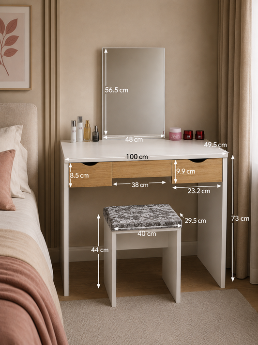 Makeup Table with Mirror 3 Drawers Dressing Table with Stool Cosmetic Cabinet Vanity Table for Bedroom Furniture Dressers