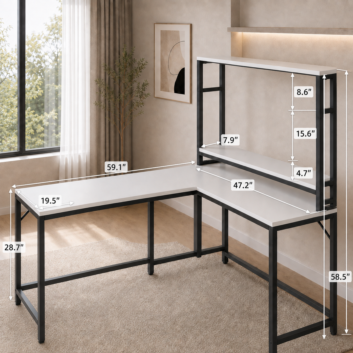 Modern L-Shaped Computer Desk with Monitor Shelf