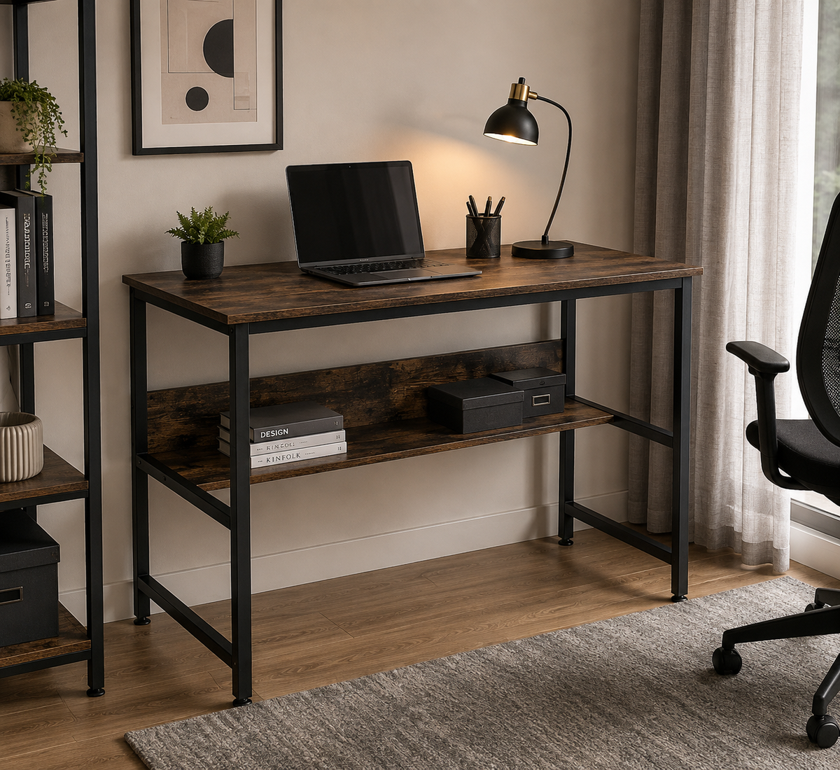 Modern Industrial Home Office Desk with Storage Shelf