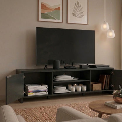 Modern Black TV Stand with Storage Cabinet & Open Shelves – Entertainment Center for Living Room