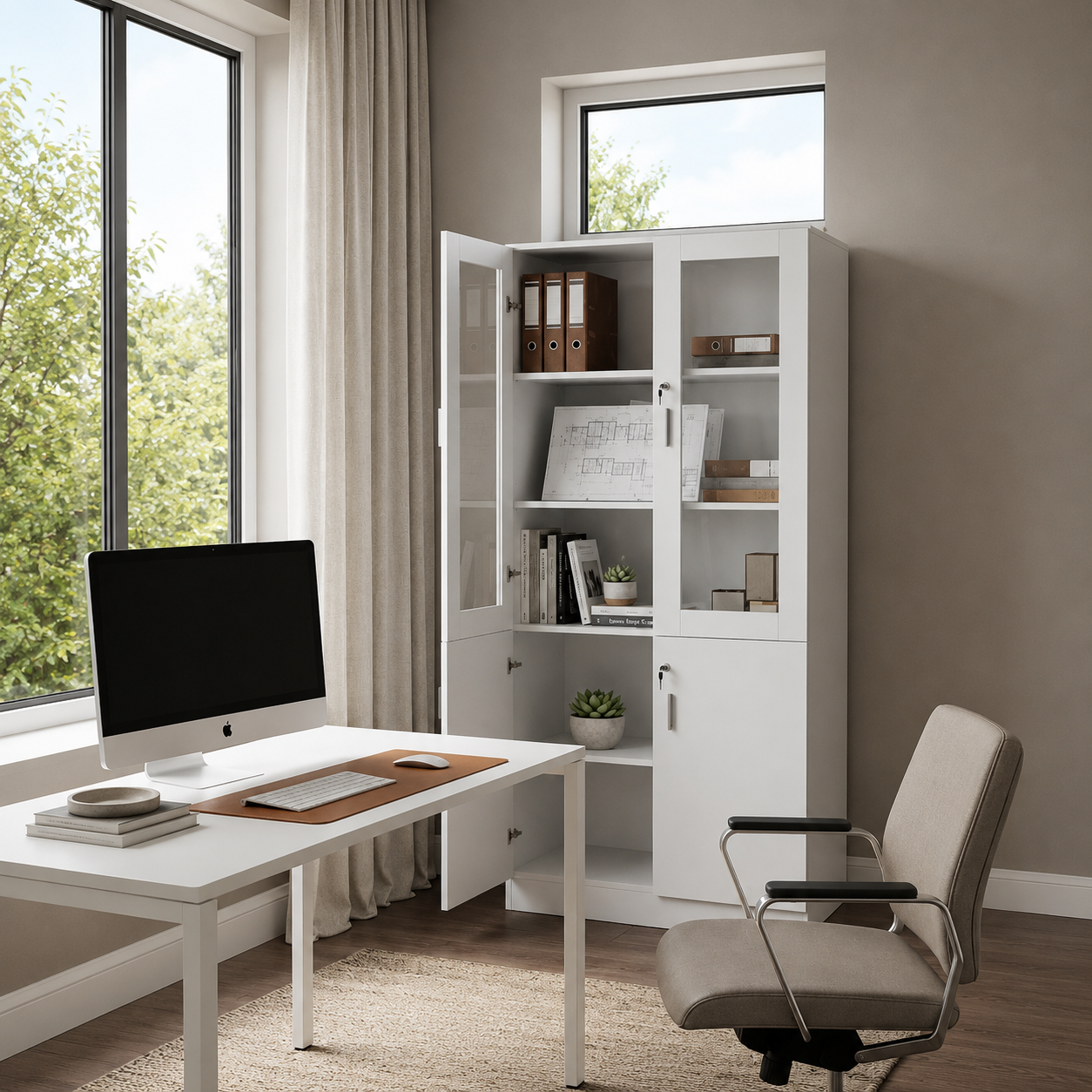 MAHMAYI OFFICE FURNITURE Melamine On Mdf Glass 1123 Full Height Bookshelf Bold And Contemporary Wooden Bookshelf With Lockable Glass Doors - W80cms X D40cms X H200cms (White) Me1123Wh