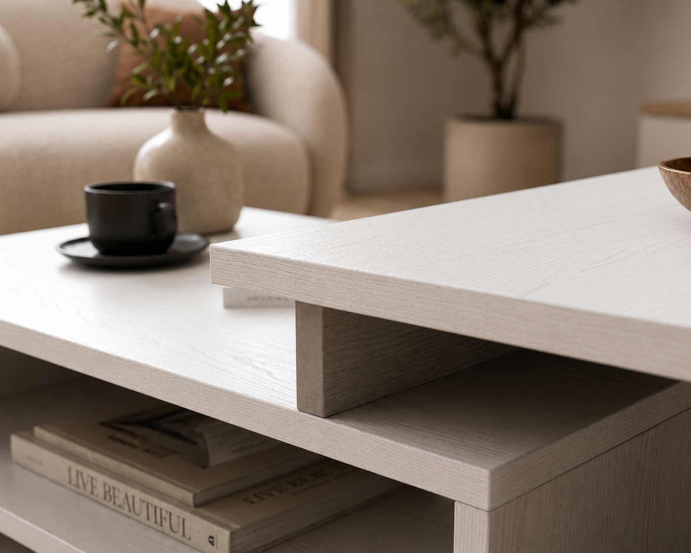 BURLYWORTH Fabelio Engineered Wood Coffee Table for Living Room, Centre Table With Storage, Modern Designer Tea Table, Sofa Set (White)
