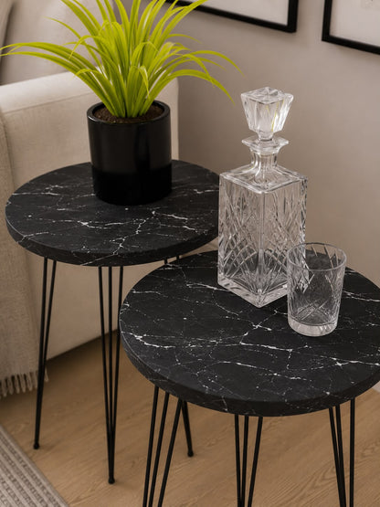 Woodx Set of 2 Black Marble End Tables Round Wood Sofa Side Coffee Tables for Small Spaces, Nightstand Bedside Table with Metal Legs for Bedroom, Living Room, Office, Balcony