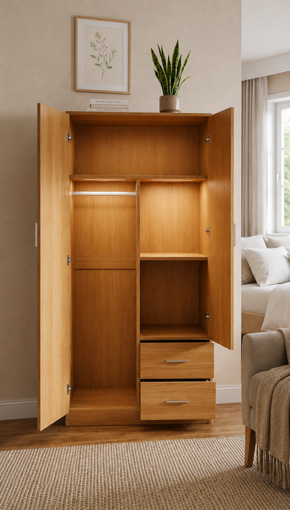 Panana 2 Door 2 Drawer Wardrobe with Shelf and Hanging Rail Wooden Clothes Storage Cupboards Unit for Bedroom Furniture 77 * 50 * 180cm (Oak Effect), Beige