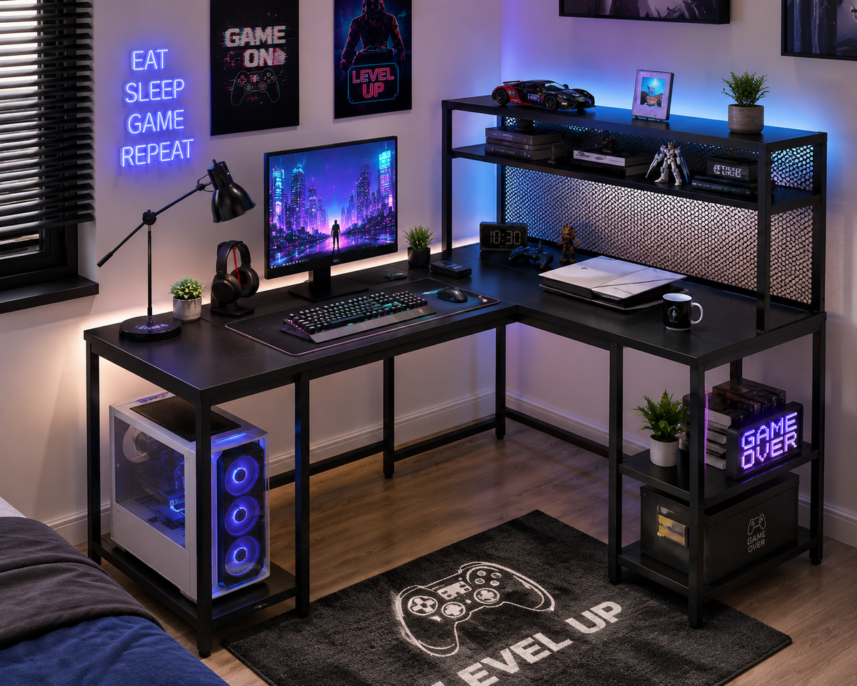 Modern L-Shaped Computer Desk with Hutch & Storage