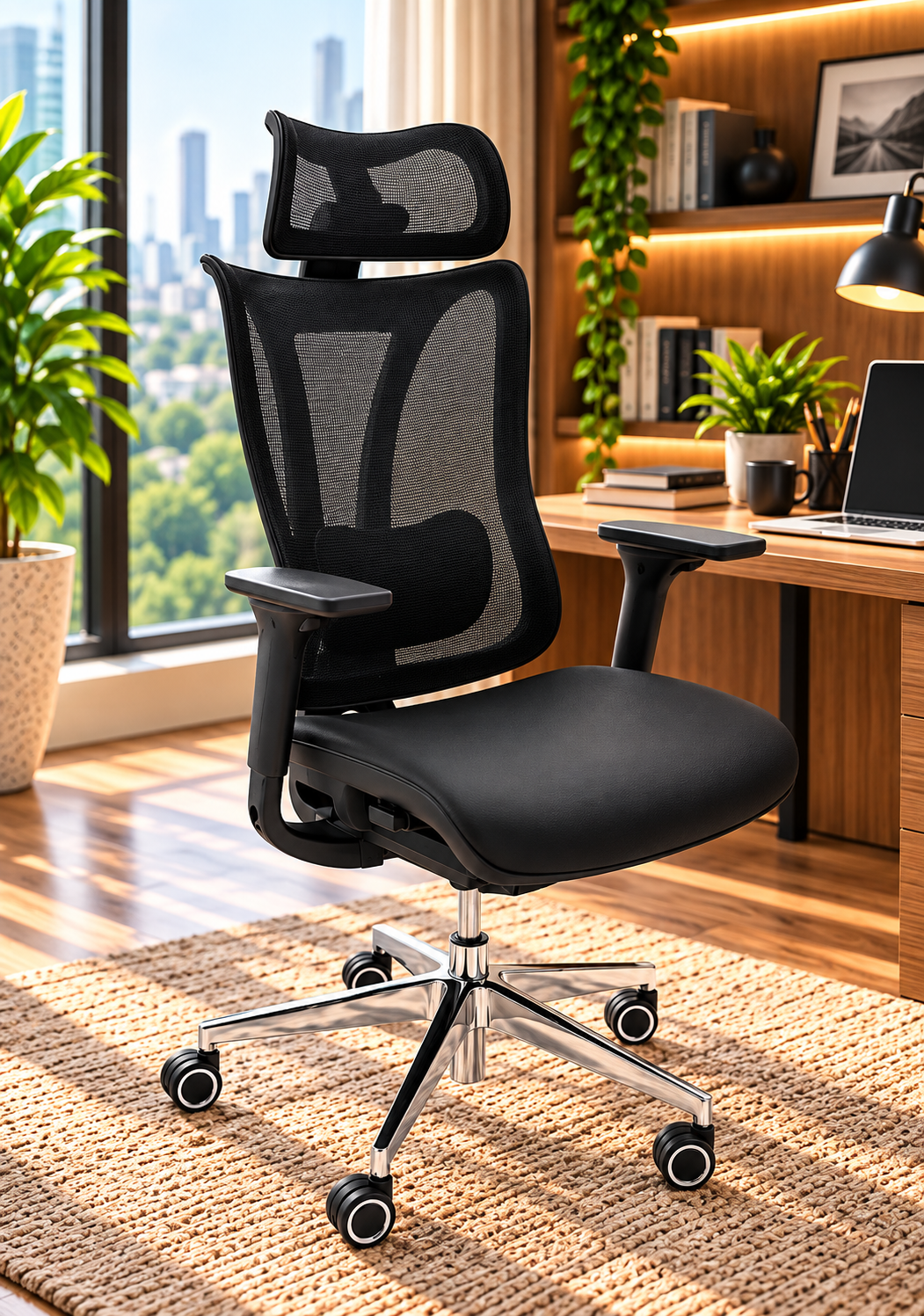 Contemporary High-Back Mesh Office Chair with Adjustable Headrest