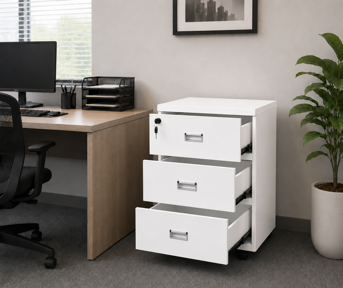 3-Drawer Locking Mobile File Cabinet – Rolling Office Storage Cabinet with Wheels, White