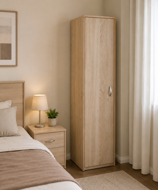 Tall Single-Door Storage Cabinet – Freestanding Utility Organizer Closet with Shelves, Oak Finish