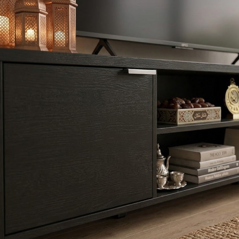 Modern Black TV Stand with Storage Cabinet & Open Shelves – Entertainment Center for Living Room