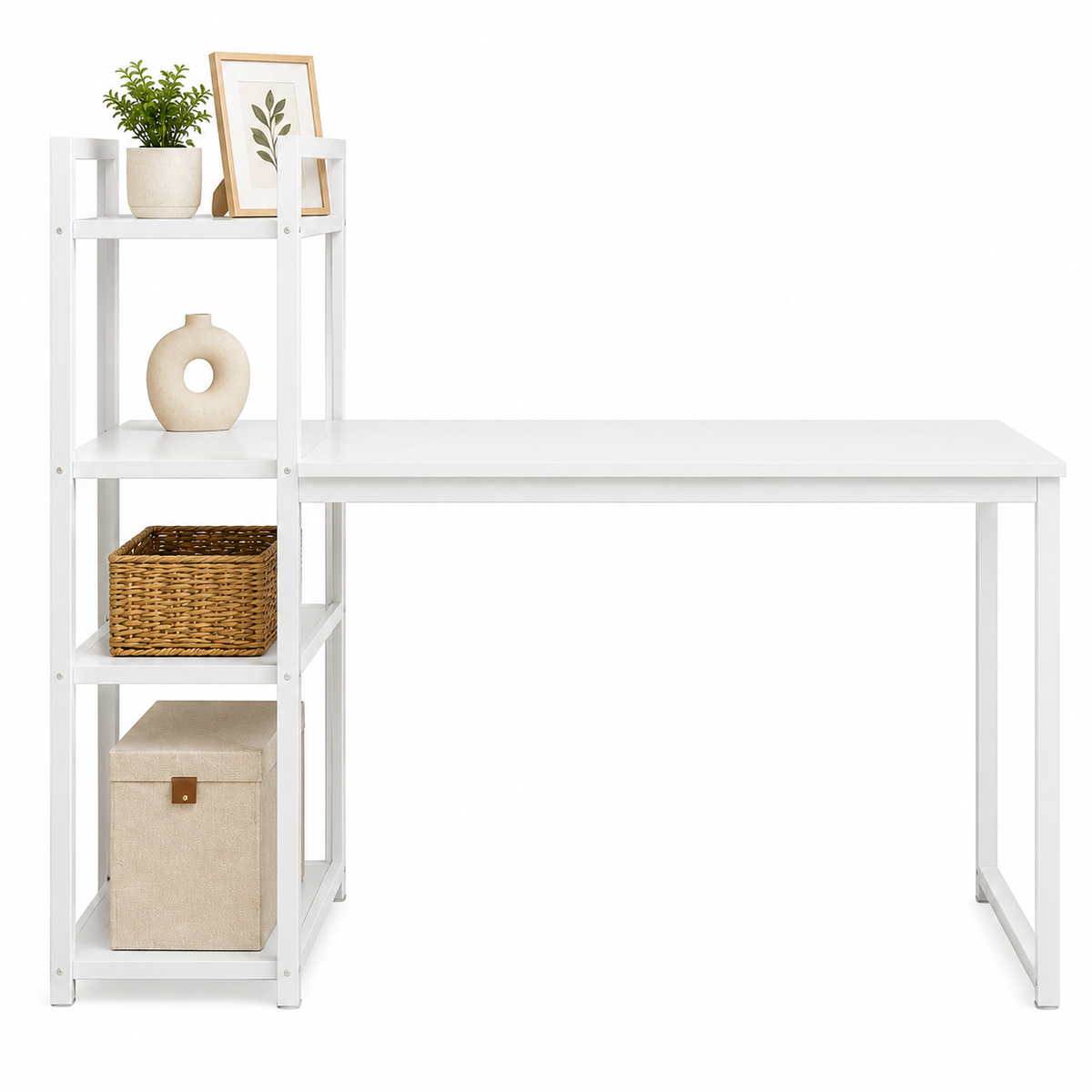 Modern White Computer Desk with Storage Shelves