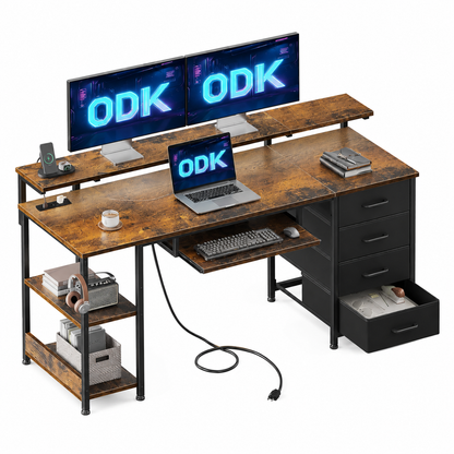 Desk with 4 Drawers, Computer Desk with 2 Sockets and 2 USB Charging Ports