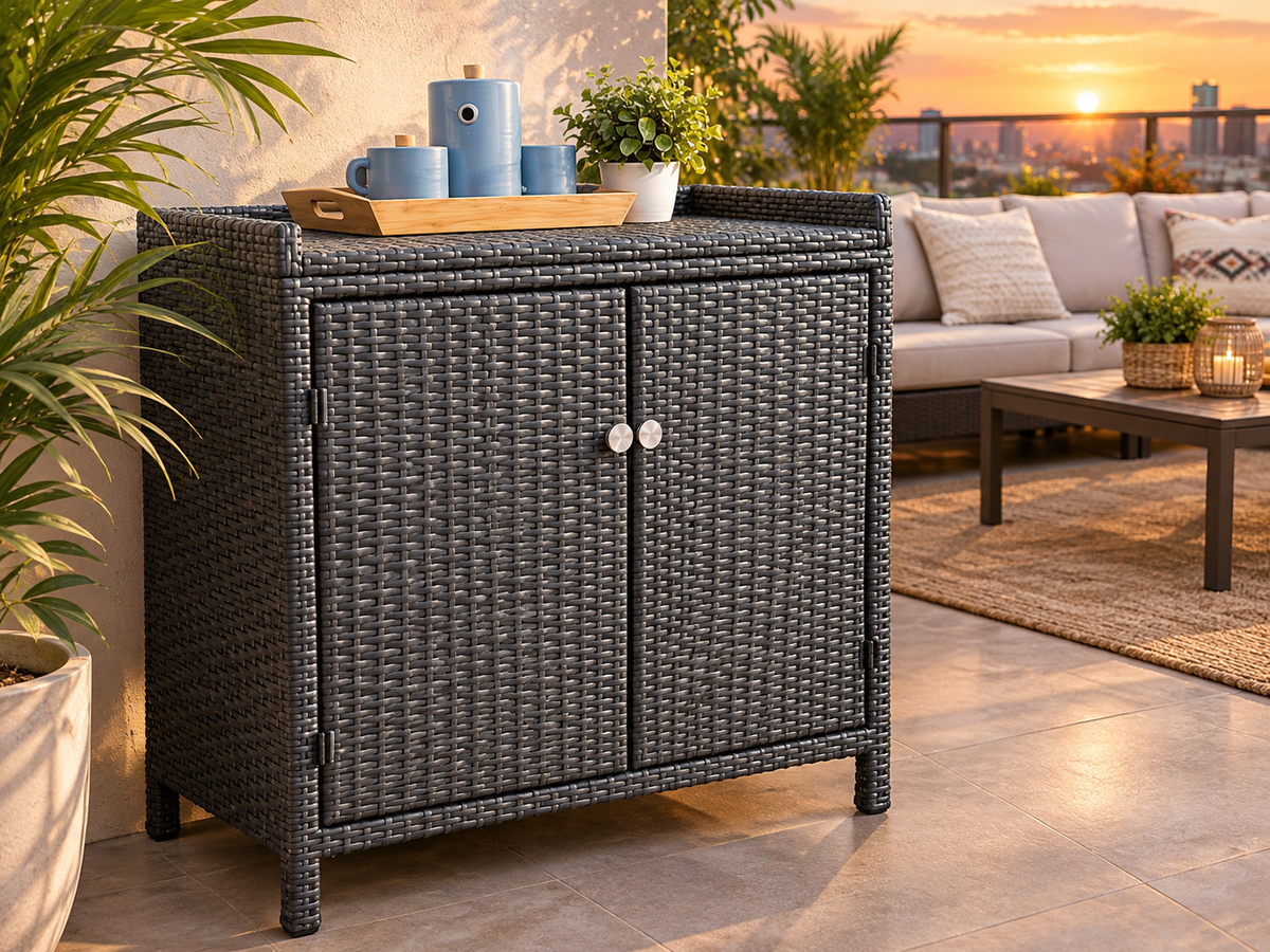 Modern Outdoor Wicker Storage Cabinet with Double Doors