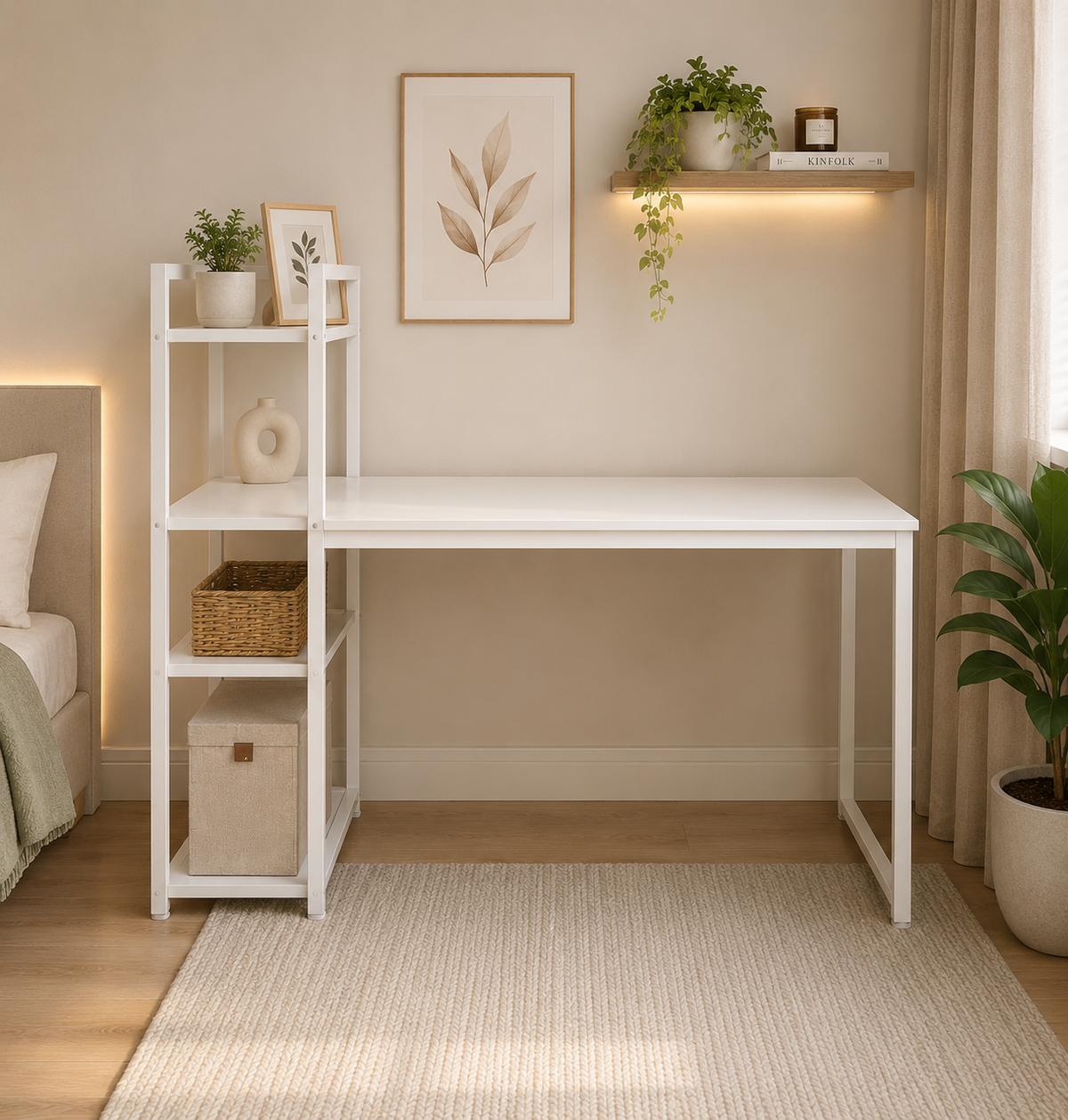 Modern White Computer Desk with Storage Shelves