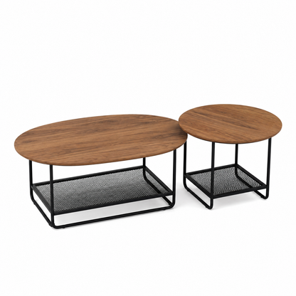 Coffee Table Set, 2-Tier Center Table with Open Shelf and Metal Frame
