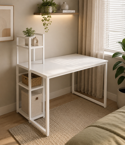 Modern White Computer Desk with Storage Shelves