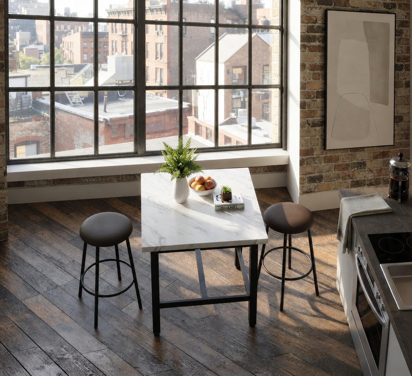 Bar Table Set of 2, Square Bar Table with Faux Leather Upholstered Stool