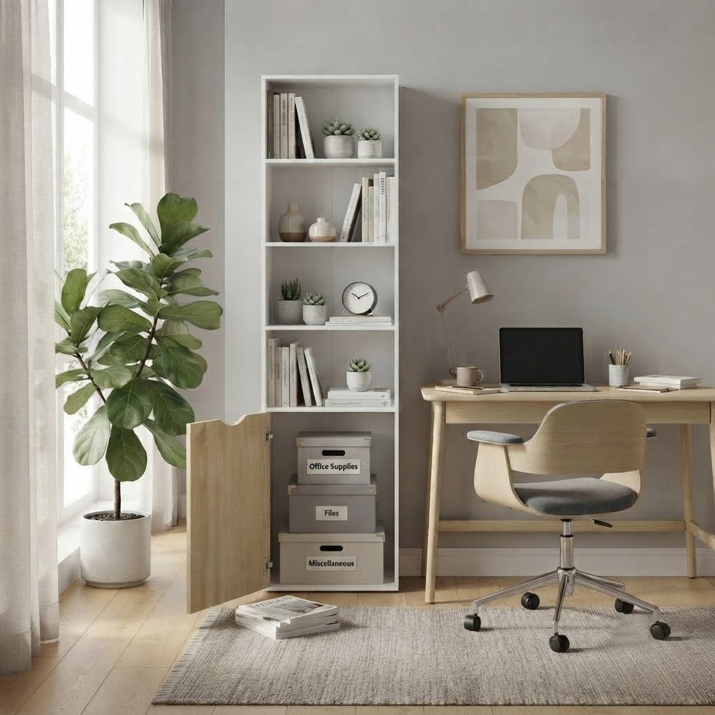 2 Door 4 Shelves Tall Bookcase Modern Storage Cupboard Display Unit for Living Room Study Bedroom Home Office Furniture, 59cm x 29cm x 180cm, White and Oak