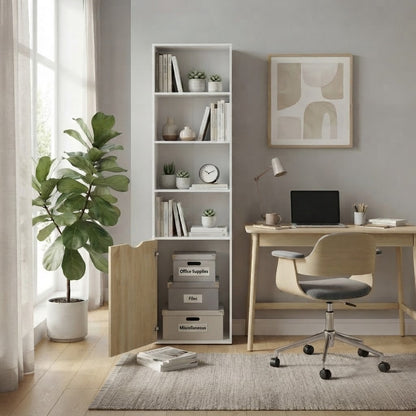2 Door 4 Shelves Tall Bookcase Modern Storage Cupboard Display Unit for Living Room Study Bedroom Home Office Furniture, 59cm x 29cm x 180cm, White and Oak