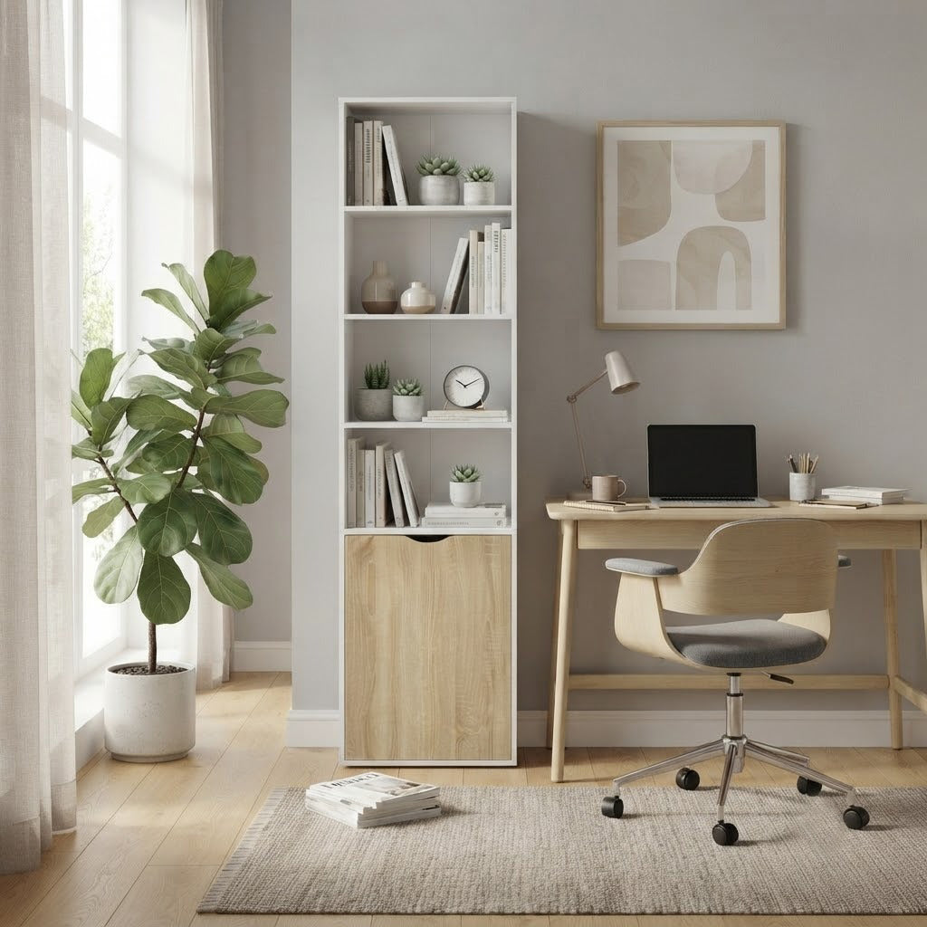 2 Door 4 Shelves Tall Bookcase Modern Storage Cupboard Display Unit for Living Room Study Bedroom Home Office Furniture, 59cm x 29cm x 180cm, White and Oak