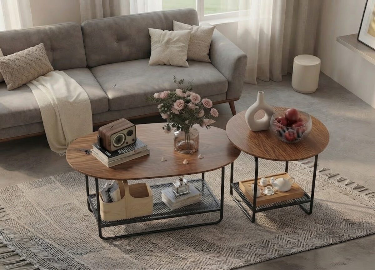 Coffee Table Set, 2-Tier Center Table with Open Shelf and Metal Frame