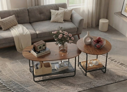 Coffee Table Set, 2-Tier Center Table with Open Shelf and Metal Frame