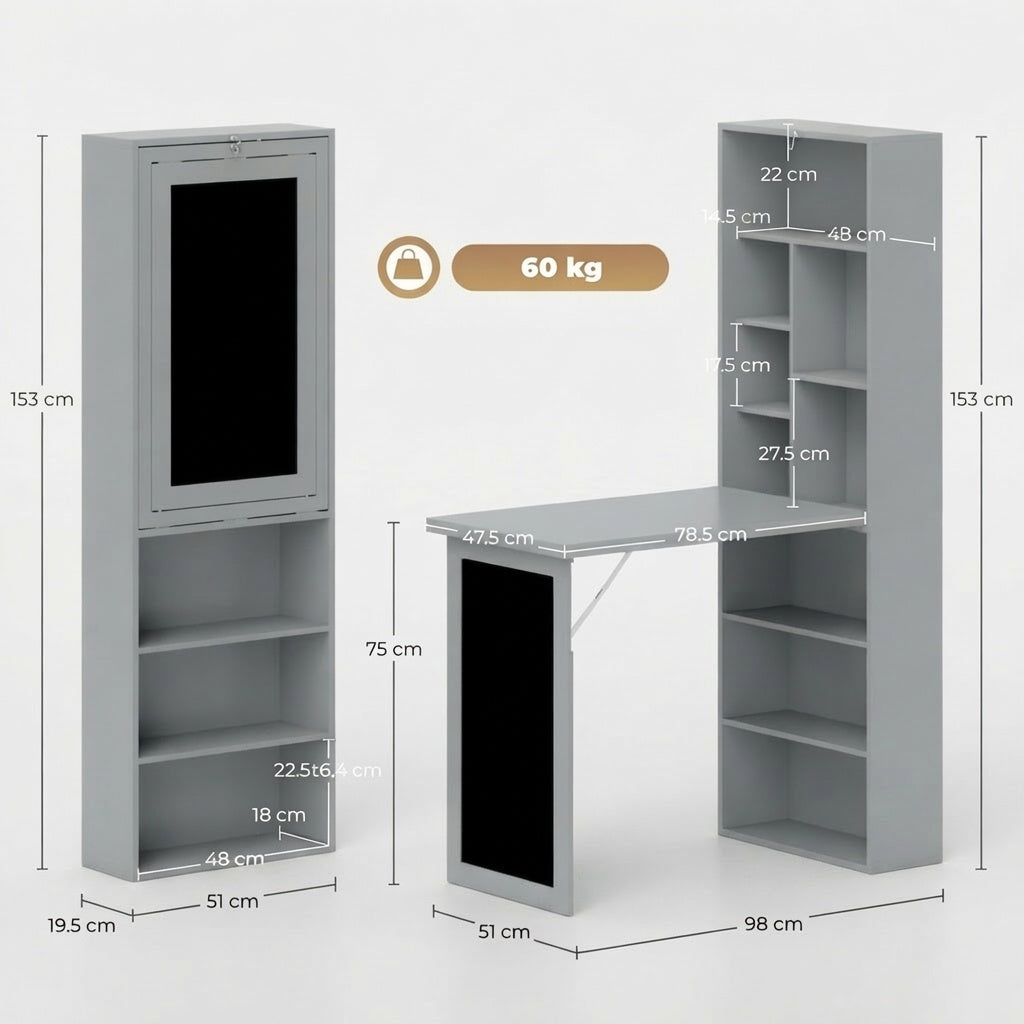 HOMCOM Fold-out Convertible Writing Desk Wall Mount Cabinet with Blackboard and Side Shelf Multi-Function Home Office Workstation, Grey 98 x 51 cm