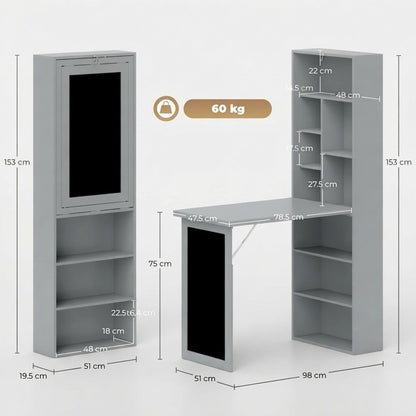 HOMCOM Fold-out Convertible Writing Desk Wall Mount Cabinet with Blackboard and Side Shelf Multi-Function Home Office Workstation, Grey 98 x 51 cm