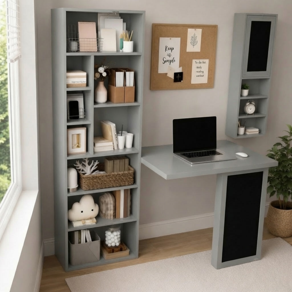 HOMCOM Fold-out Convertible Writing Desk Wall Mount Cabinet with Blackboard and Side Shelf Multi-Function Home Office Workstation, Grey 98 x 51 cm