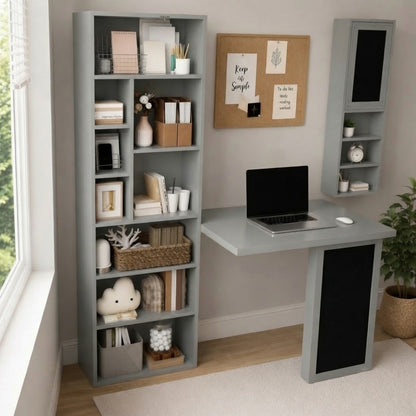 HOMCOM Fold-out Convertible Writing Desk Wall Mount Cabinet with Blackboard and Side Shelf Multi-Function Home Office Workstation, Grey 98 x 51 cm