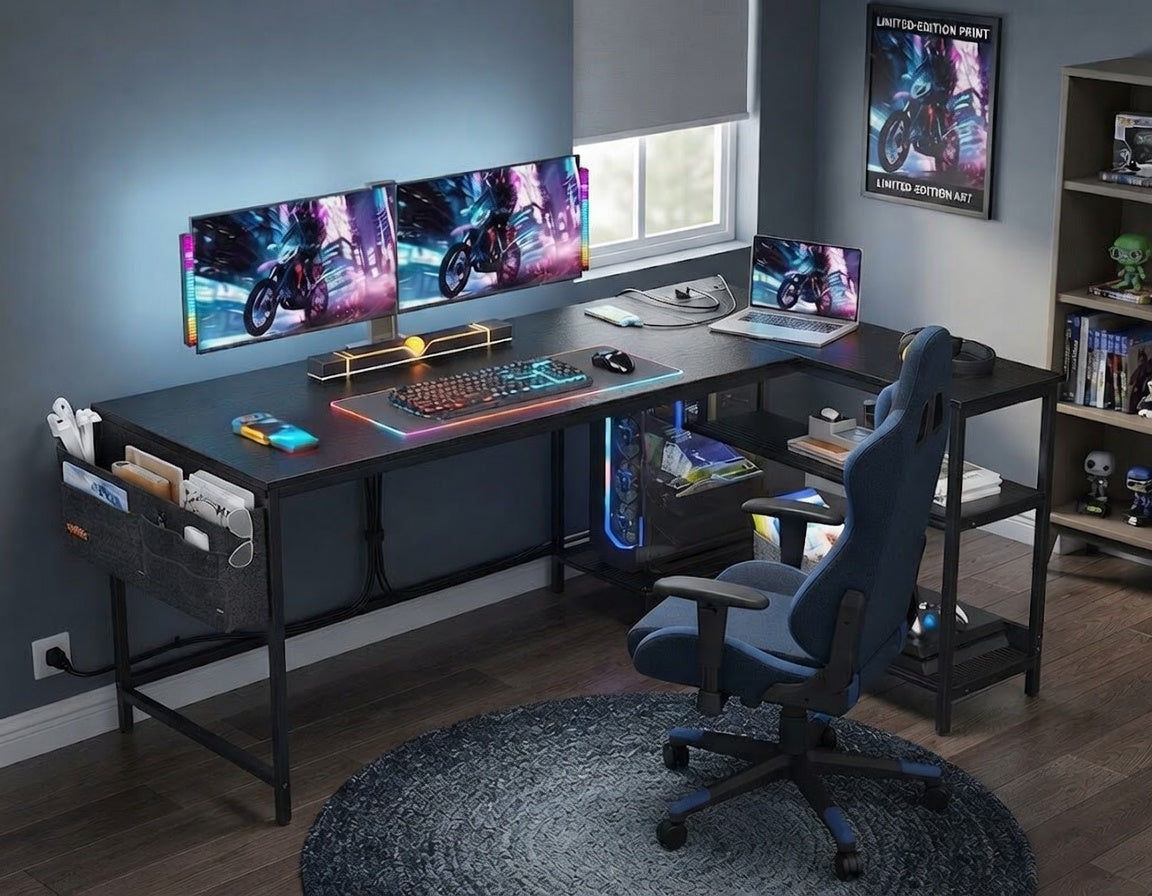 L Shaped Gaming Computer Desk with Power Outlets