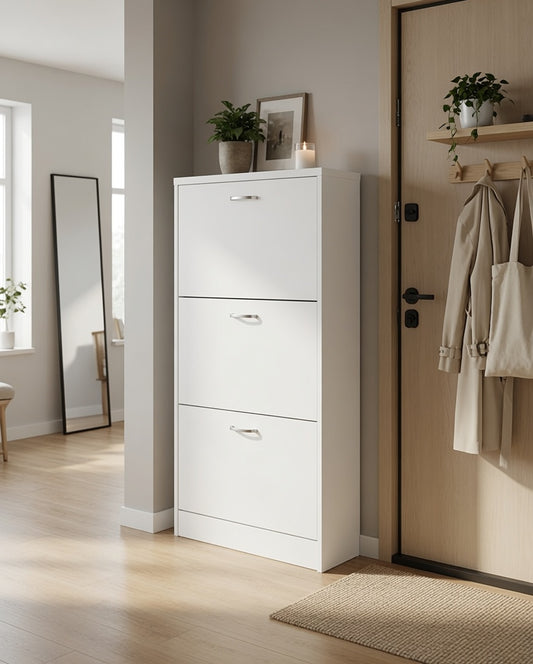 3 Drawer Shoe Cabinet, Pull Down Wooden Furniture Unit, White,