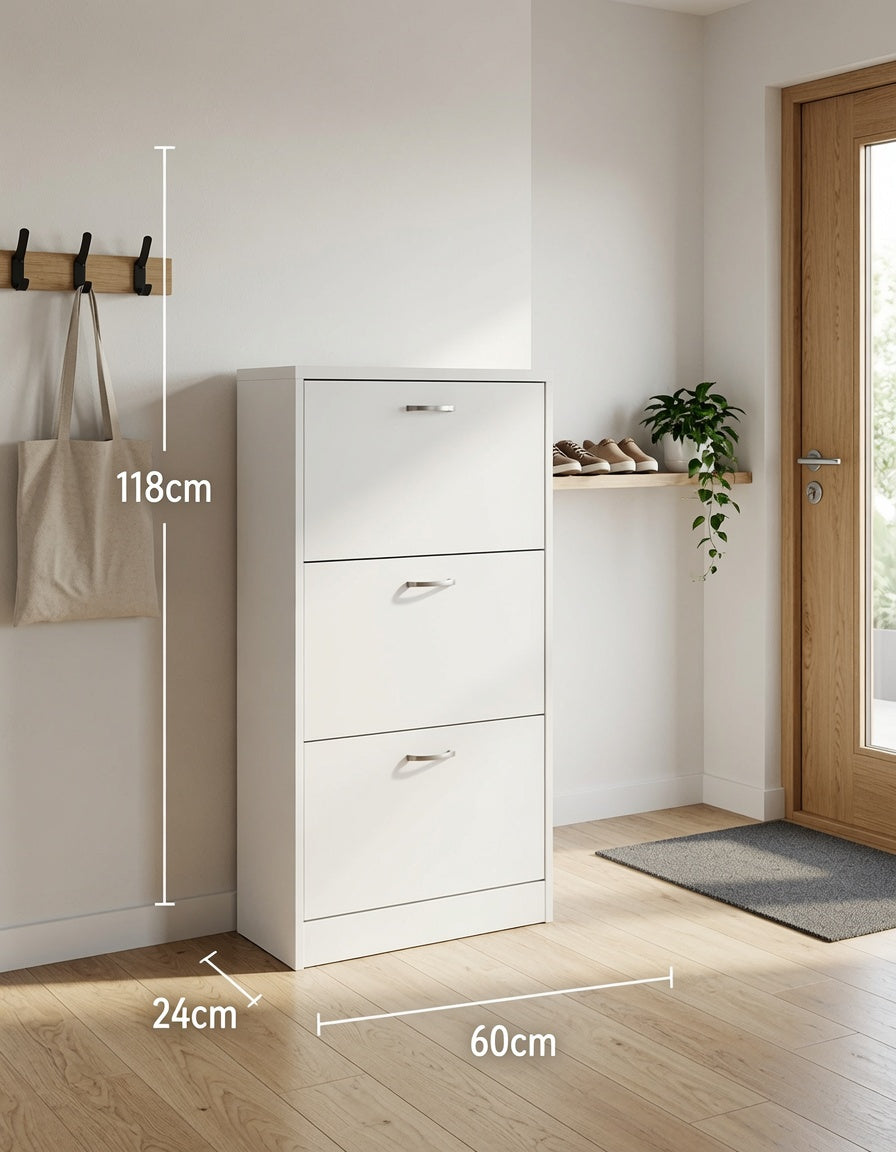 3 Drawer Shoe Cabinet, Pull Down Wooden Furniture Unit, White, Size 24D x 60W x 118H centimetres