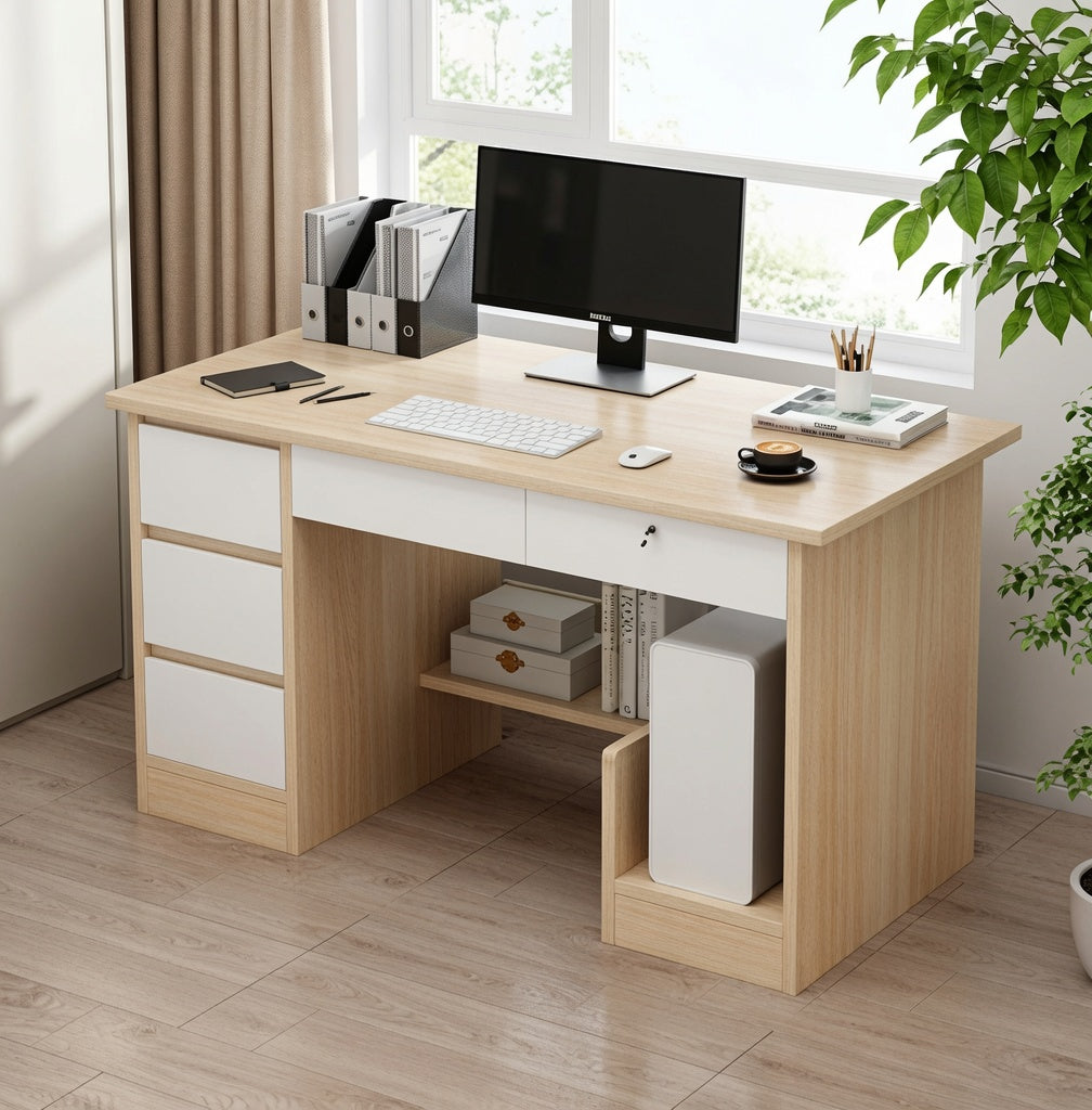 Qualife Office Desk Table Computer Table Desk with Drawer Keyboard Tray CPU Bracket Home Office Desk Study Writing Desk Multipurpose Computer Workstation White (five drawers)