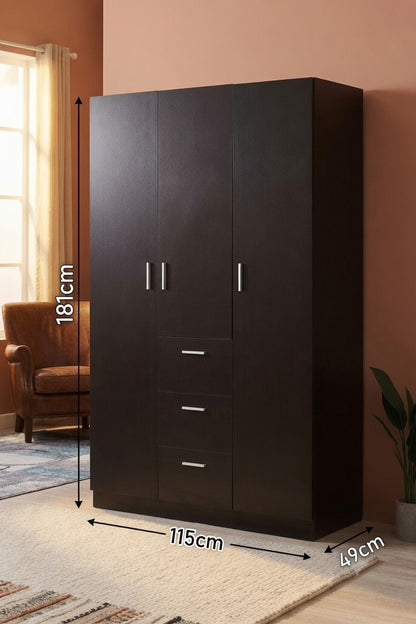 Modern 3 Doors Wardrobes with 3 Drawers and Hanging Rail Large Triple Clothes Storage Closet for Home Bedroom Units (Black)