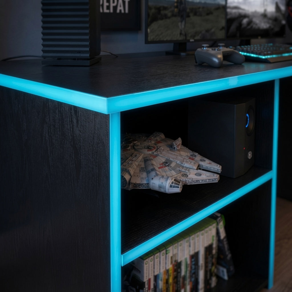Madesa Gaming Computer Table and Office Desk with 5 Shelves and Cable Management, Wood, 136x75x60 Cm – Black/Blue