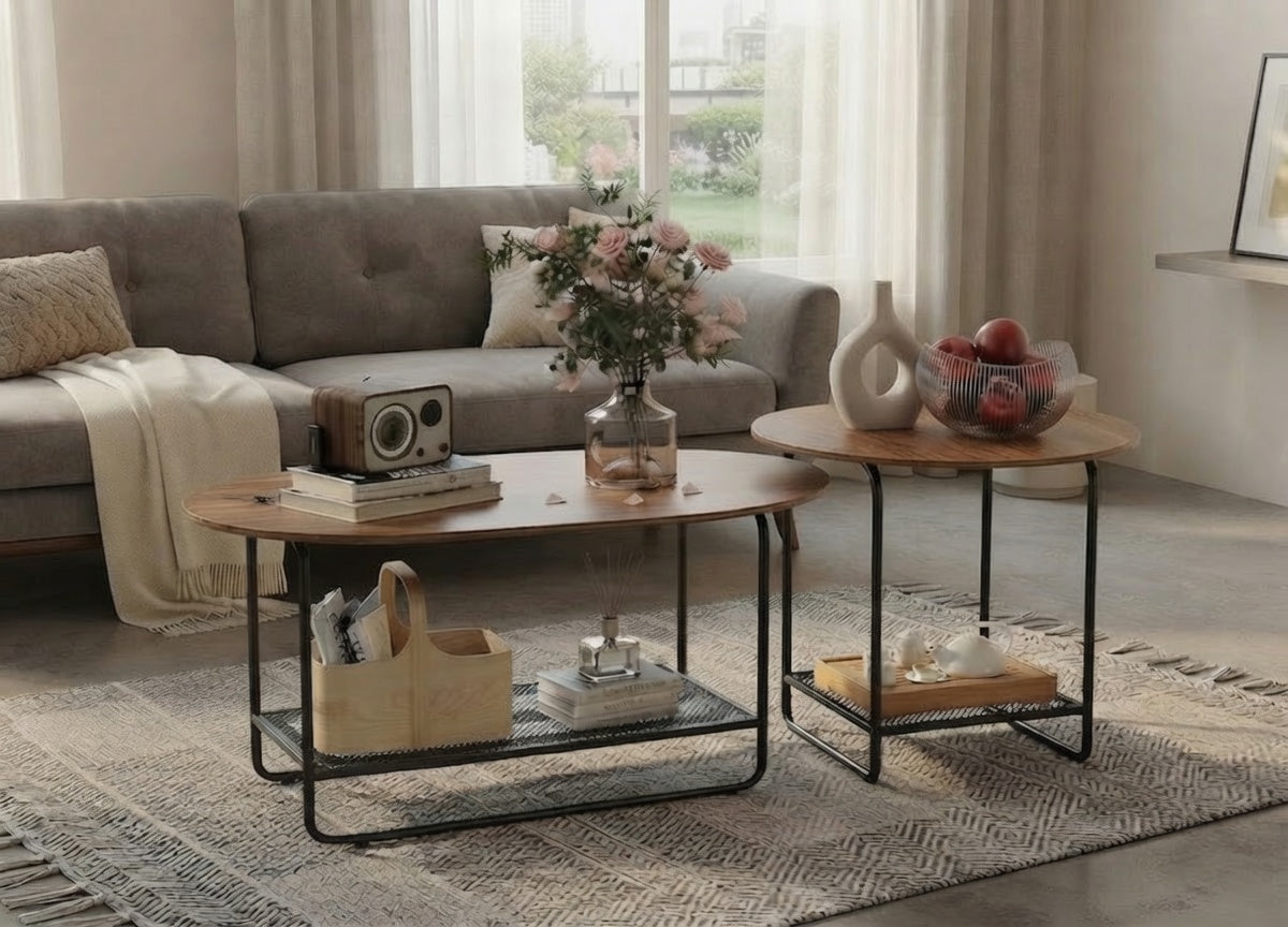 Coffee Table Set, 2-Tier Center Table with Open Shelf and Metal Frame